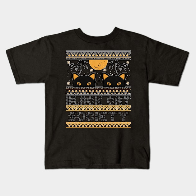 Black Cat Society Halloween Ugly Sweater Kids T-Shirt by Mum and dogs